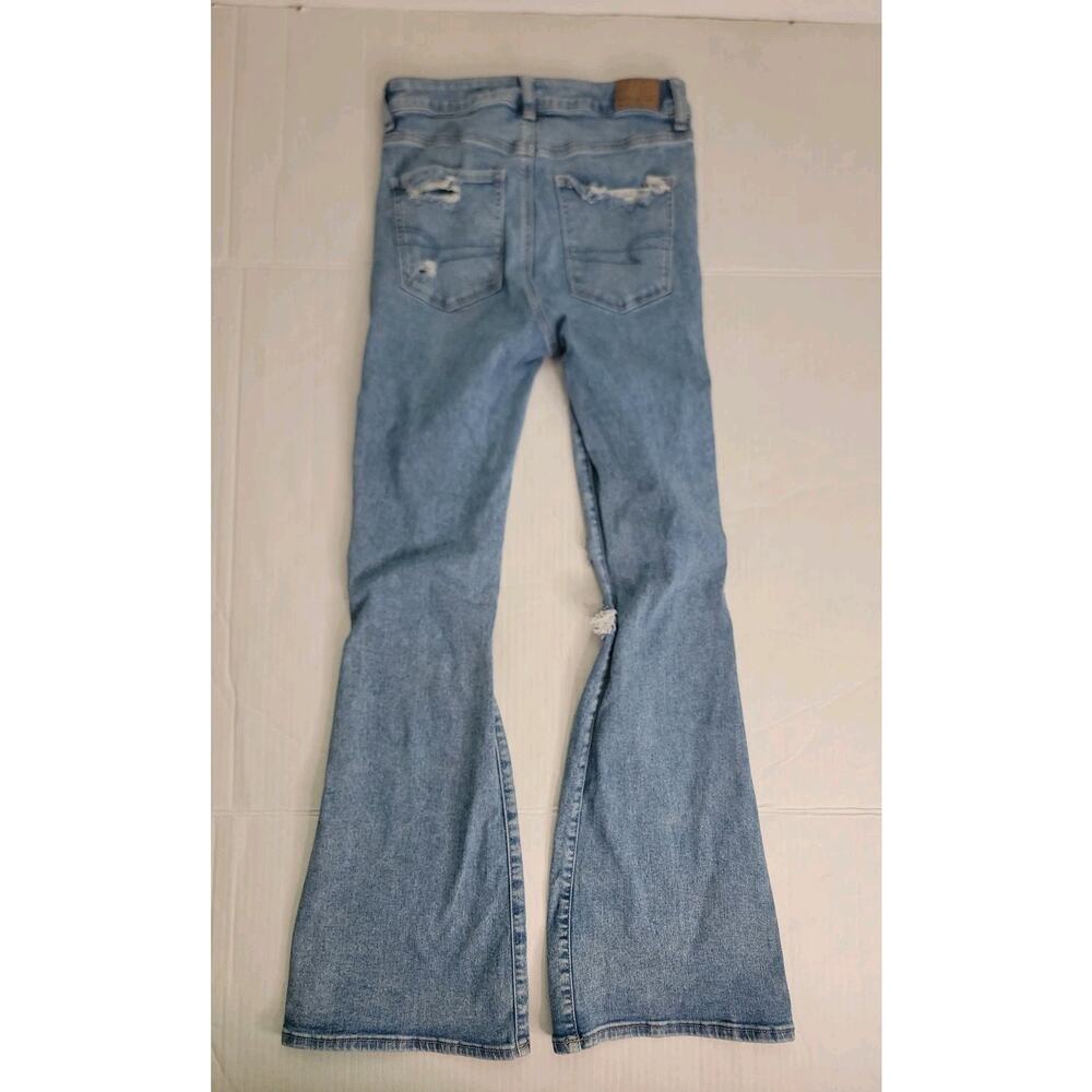 AMERICAN EAGLE Flare Jeans SZ 6 Super High Rise Distressed Cross Waist Y2K 90s - Picture 9 of 11